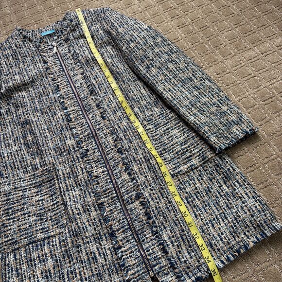 J. McLaughlin Tweed Coat Jacket Women's L Blue Tan Zip Up Preppy Frayed Trim - Picture 8 of 8